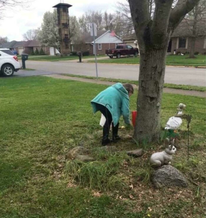 Person in teal jacket tending garden, creating a confusing optical illusion with tree in suburban yard.