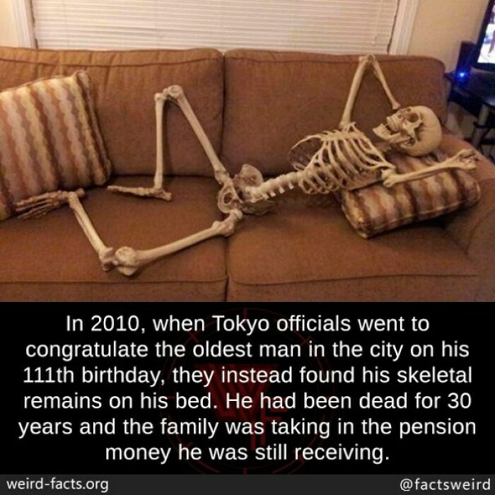 Skeleton on a couch with a caption about a weird fact related to the discovery of skeletal remains in Tokyo.