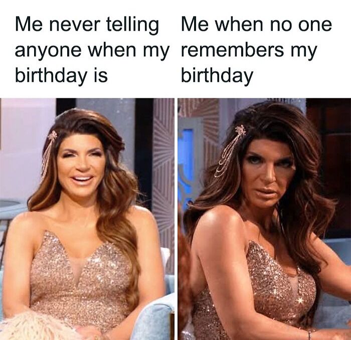 Woman in sparkling dress showing contrasting happy and annoyed expressions in a funny birthday meme.