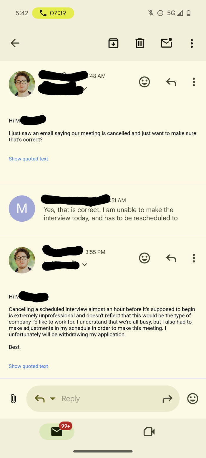 Text conversation about a canceled job interview, illustrating recruiting hell frustrations.