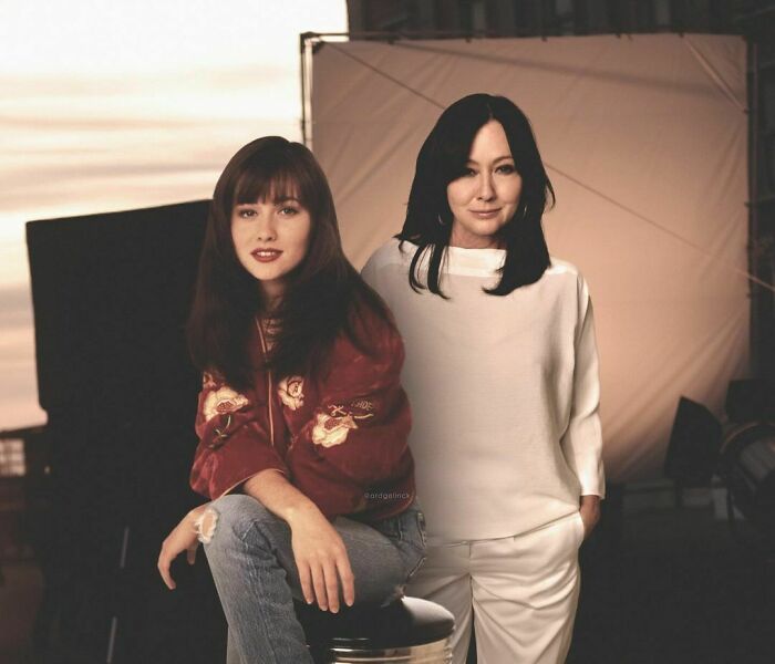 Celebrities photoshopped next to younger selves, showing passage of time.