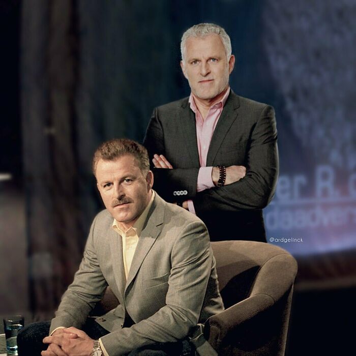 "Photoshopped image of two men in suits, one seated and one standing, illustrating changes over time."