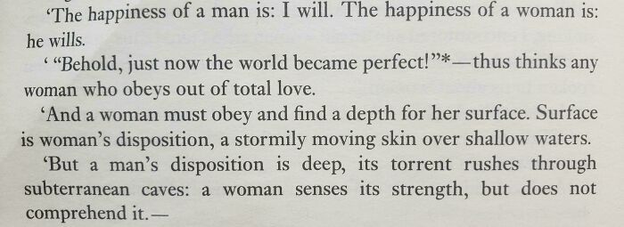 Excerpt from a book showing male authors' perspectives on women, highlighting misunderstandings of women's nature and disposition.