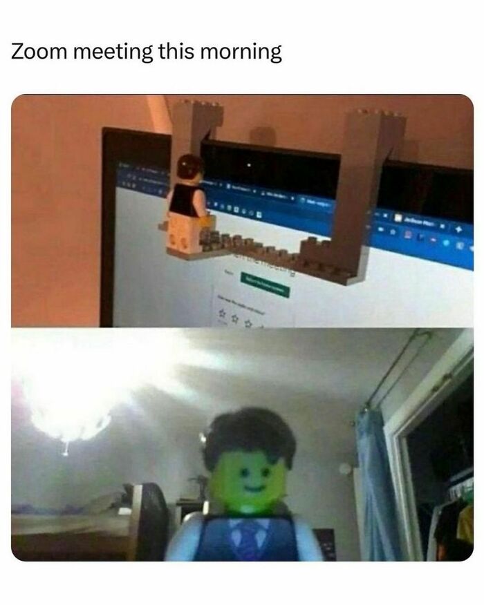 Lego figure on a computer screen resembling a virtual meeting. Random memes to enjoy instead of dealing with responsibilities.