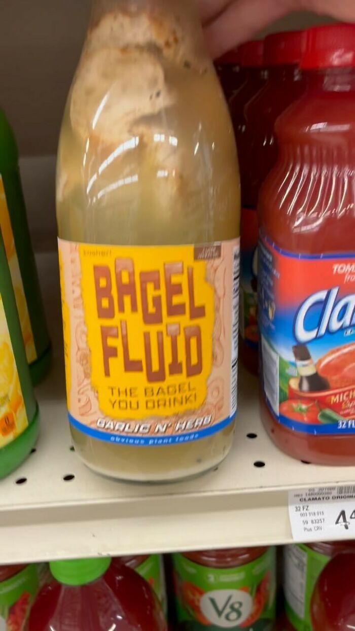 Fake product "Bagel Fluid" on a store shelf, a humorous creation by Obvious Plant.