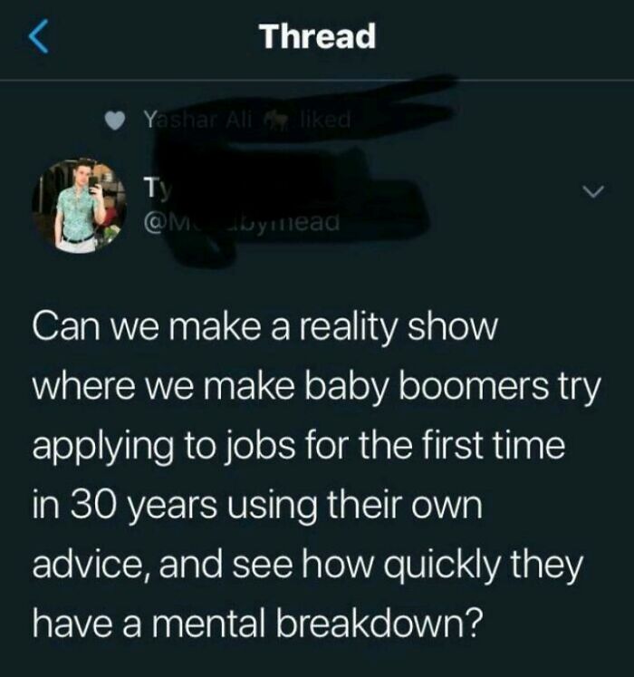 Tweet humorously suggesting a reality show on job hunting challenges faced by baby boomers.