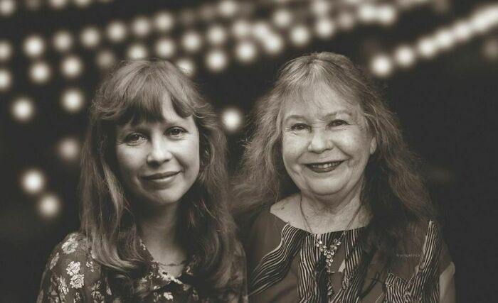 Two women side by side, photoshopped to resemble their younger and older selves, illustrating the passage of time.