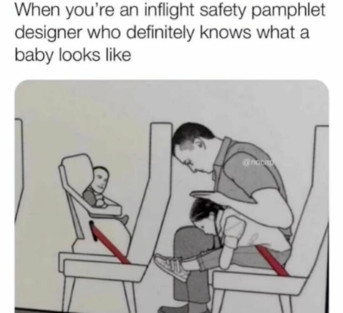 Inflight safety meme with humorously drawn baby in safety position, showcasing random funny meme style.