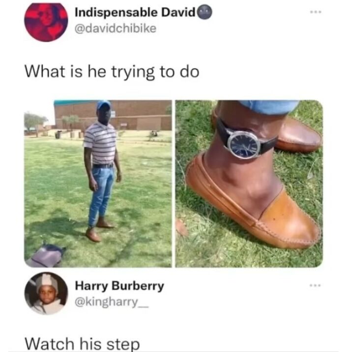 Man wearing a watch on his ankle, humorous meme setup outdoors, sparking laughter.