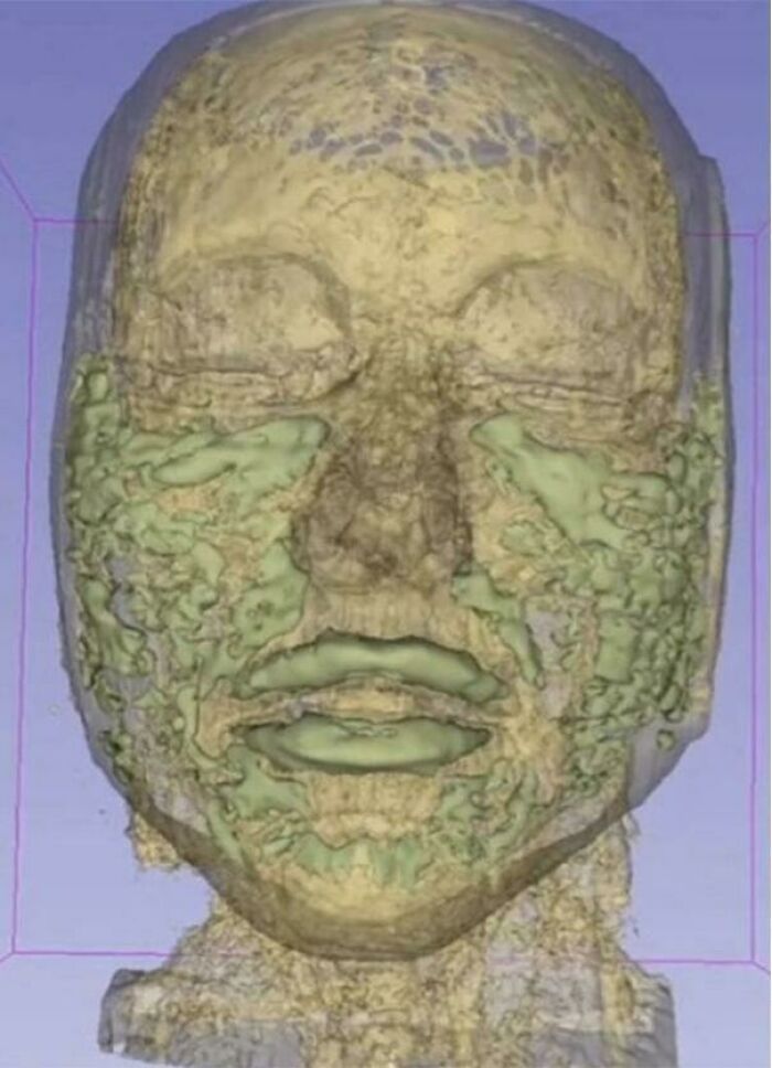 Rostro en 3D con texturas inusuales que crean una sensación extrañamente aterradora.