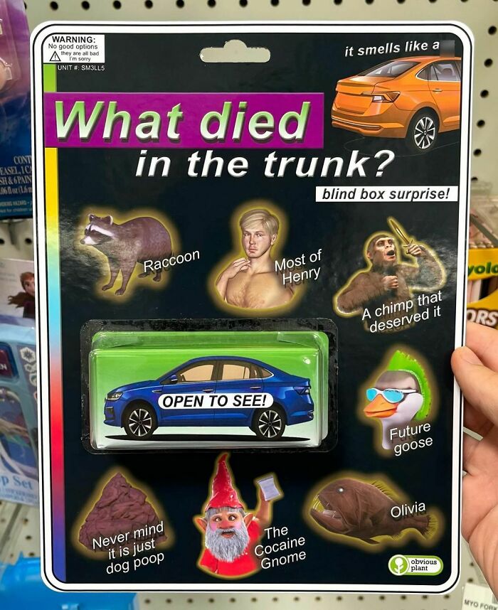 Fake product "What died in the trunk?" by Obvious Plant, featuring humorous items like a raccoon and c*****e gnome.