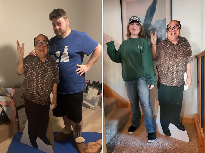 Apparently The Only Thing Missing From Our Morning Routine Was A Smiling Life-Sized Danny Devito Cutout At The Foot Of Our Bed