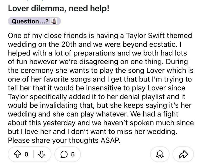 Text about a disagreement over playing "Lover" at a Taylor Swift-themed wedding ceremony.