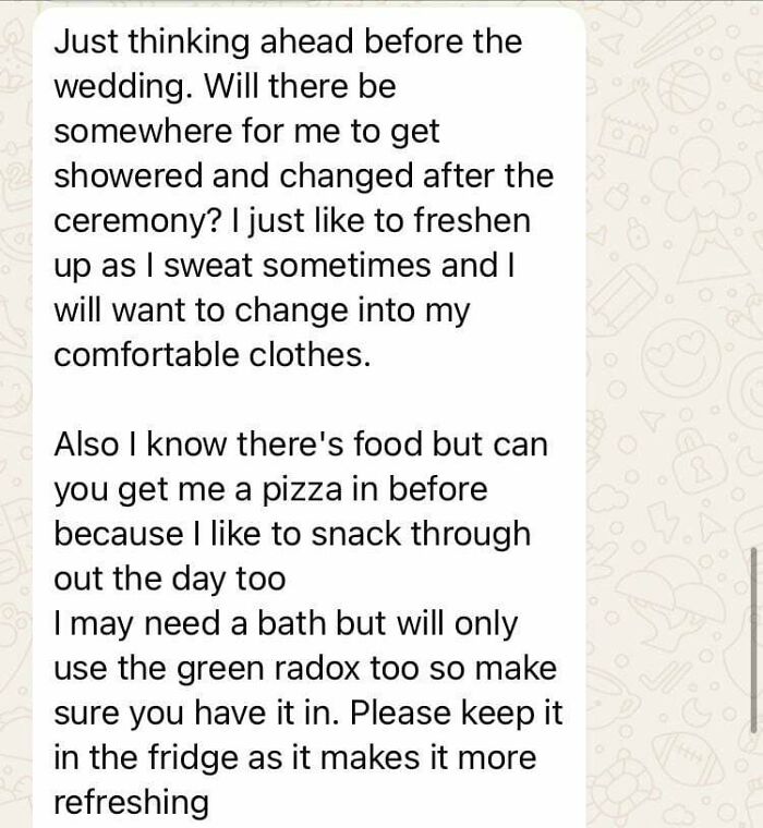 Text conversation about wedding preparations requesting pizza and specific bath products.