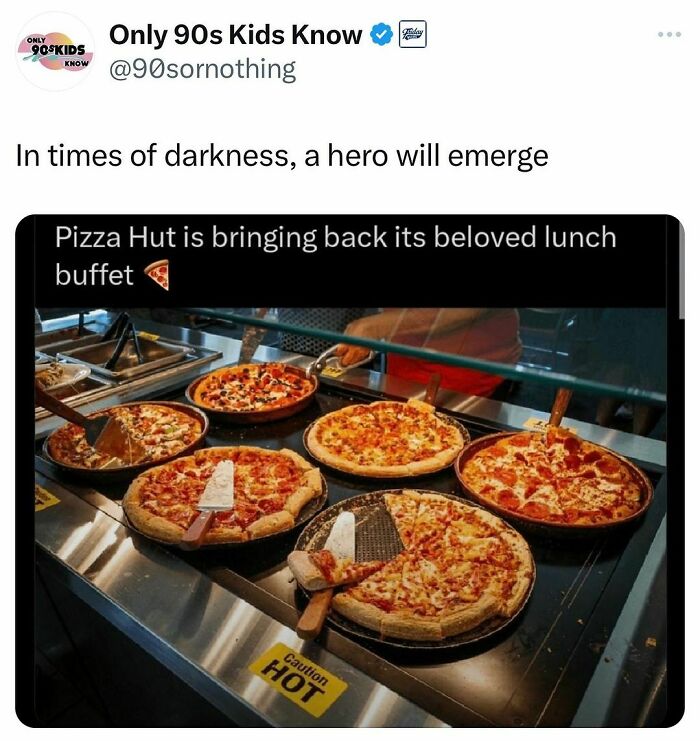 Pizza Hut lunch buffet with multiple large pepperoni pizzas on display, evoking nostalgia for 90s kids and VHS tapes.