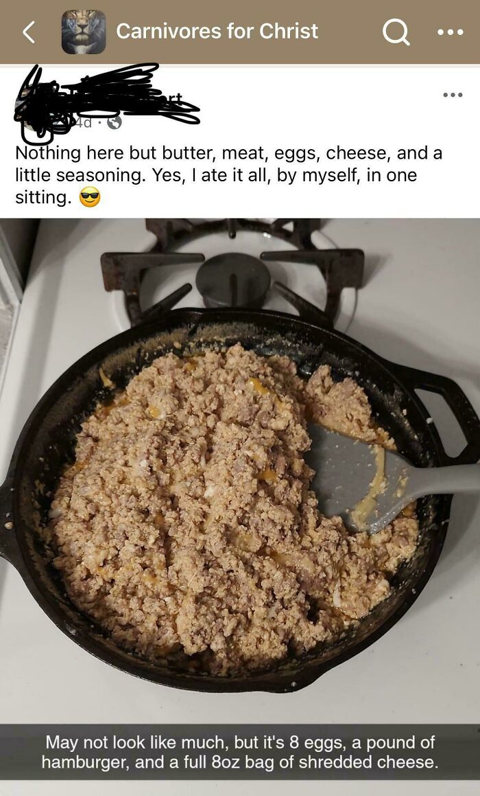 Pan with a mix of butter, meat, eggs, and cheese, highlighted as a surprisingly creative dish.