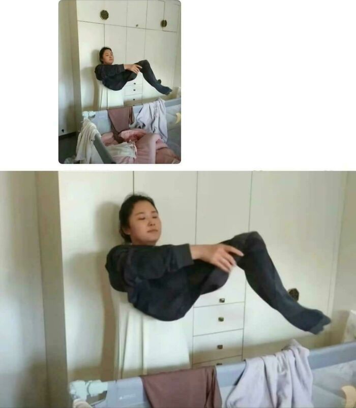 Person appears to levitate against a cabinet, creating a confusing optical illusion.