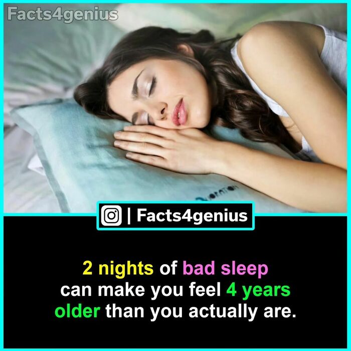 Woman sleeping on a pillow with text about effects of bad sleep, shared by Facts4genius.