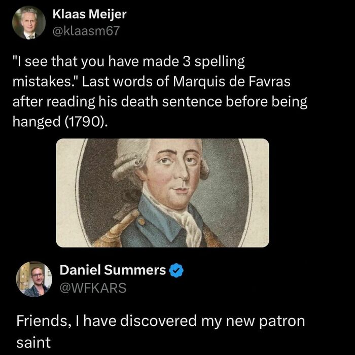 Two tweets humorously relate to a historical figure known for correcting spelling, capturing millennial humor.