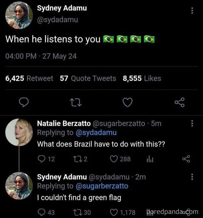 Tweet exchange showcasing epic comment about Brazil flag emoji using humor instead of green flag.