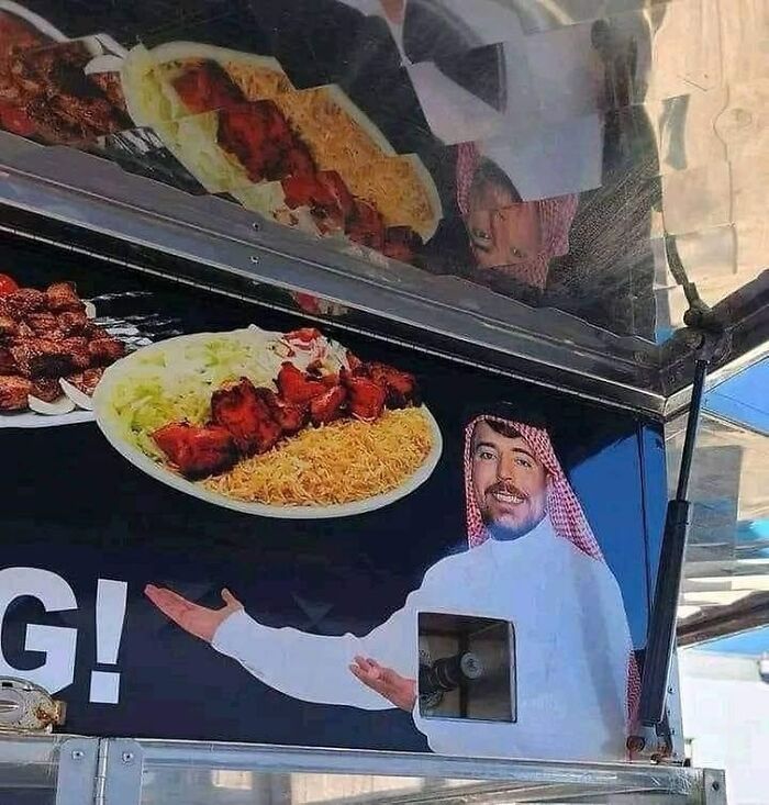 Food truck menu with a smiling man in traditional attire next to a platter of grilled meat and rice, showcasing pics that go hard.
