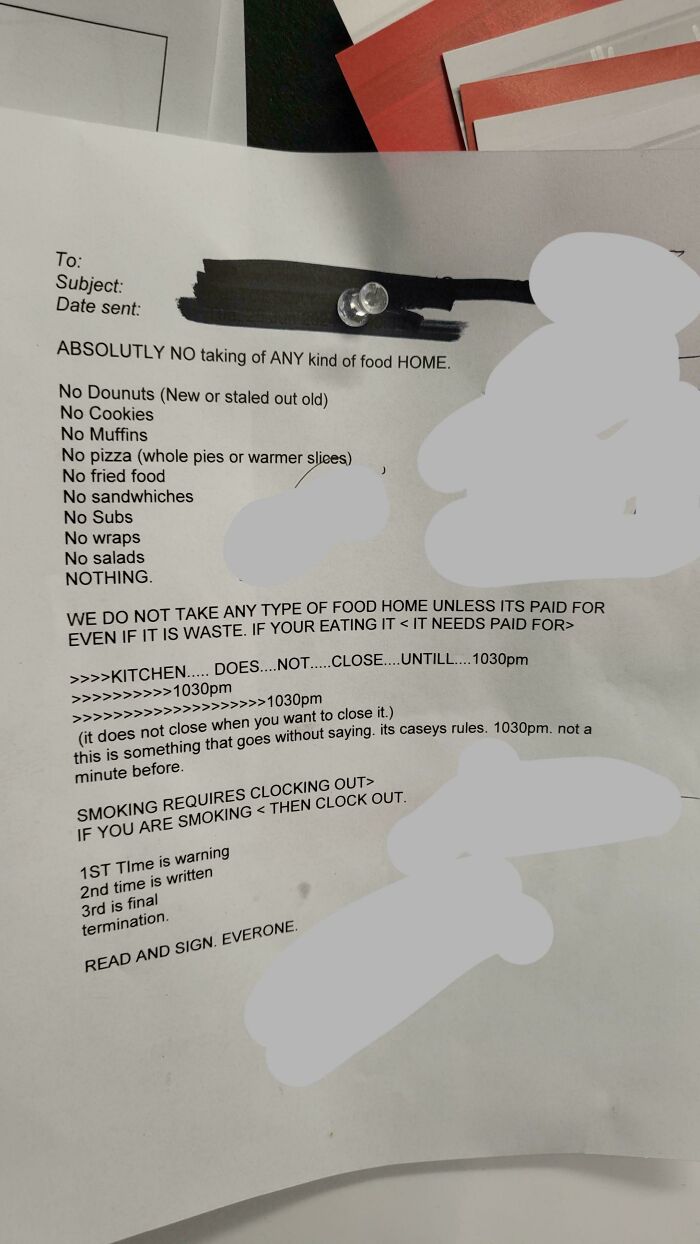 Workplace notice listing strict food restrictions and rules, highlighting the ridiculous capitalism limits on taking food home.