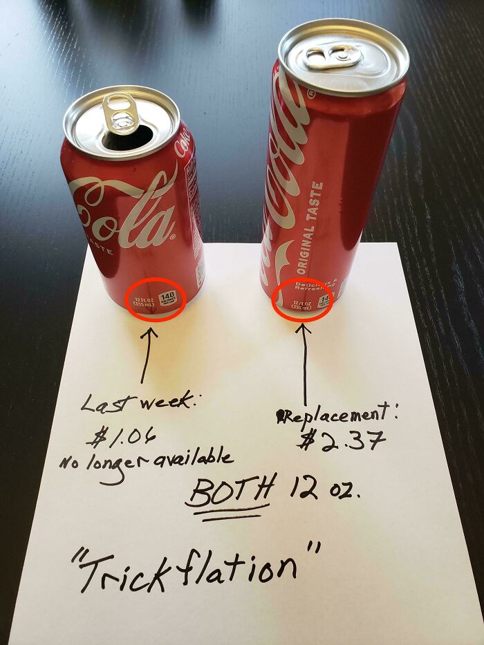 Two 12 oz Coca-Cola cans side by side showing price increase as an example of ridiculous capitalism trends.