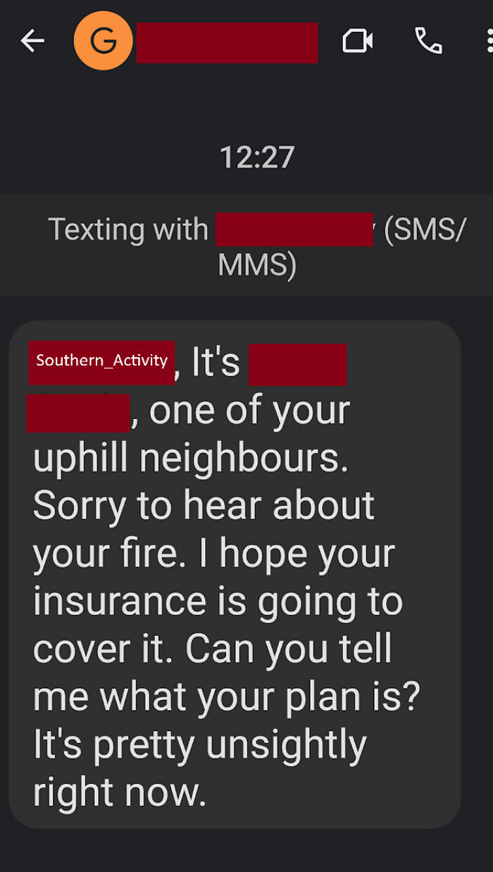 Text message screenshot showing concern about a fire and questioning insurance coverage, highlighting ridiculous capitalism.