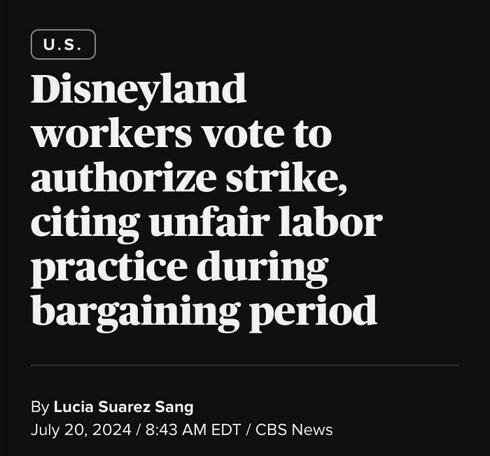 Headline about Disneyland workers voting to strike over unfair labor practices highlighting capitalism issues.