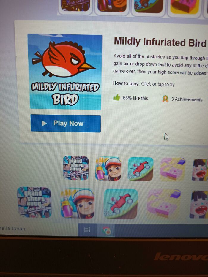 Screenshot of hilariously bad rip-off game Mildly Infuriated Bird mimicking a well-known mobile game brand.
