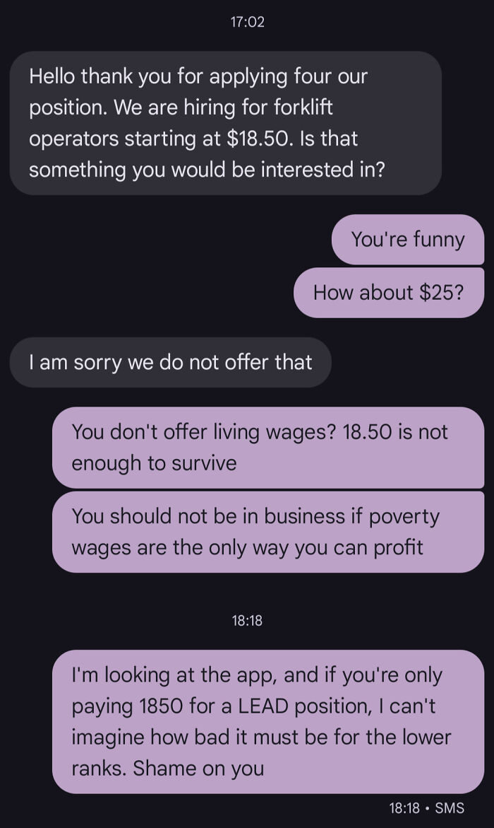 Text message conversation criticizing low wages offered by a company, highlighting issues with capitalism and poverty wages.