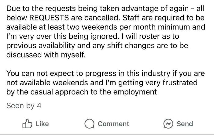 Screenshot of a message cancelling all requests and demanding staff availability, highlighting ridiculous capitalism issues in employment.