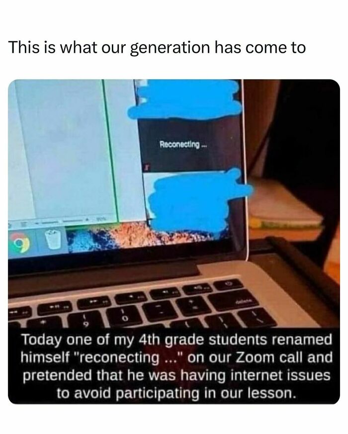 Screenshot of a funny college confessions meme showing a student renaming himself reconnecting to avoid online class.