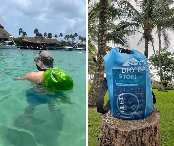 Person swimming with a green waterproof camping dry bag and a blue dry bag on a tree stump among palm trees outdoors