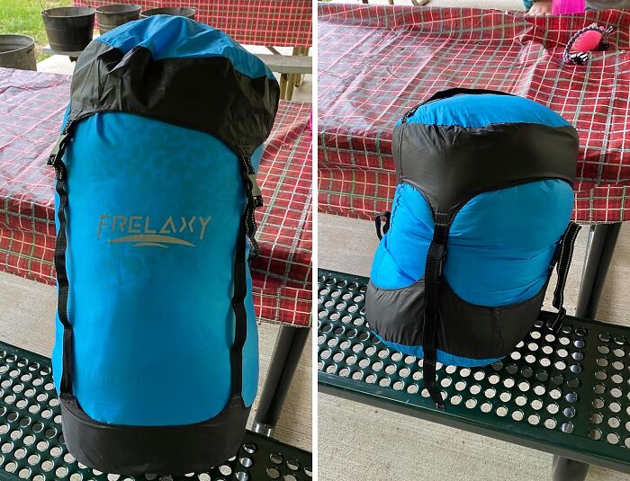 Blue and black camping sleeping bag secured with straps, demonstrating practical camping hacks for the great outdoors.