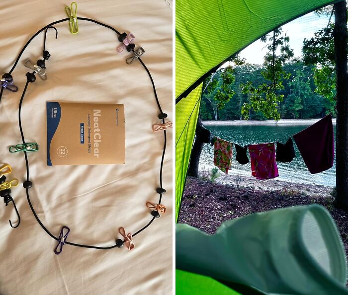  Finally! A Use For Your Collection Of Bread Tags. They Make For Awesome Makeshift Clothes Pegs. But Save Yourself The Trouble And Get A Retractable Clothes Line That Can Hang In Your Tent Or In A Tree