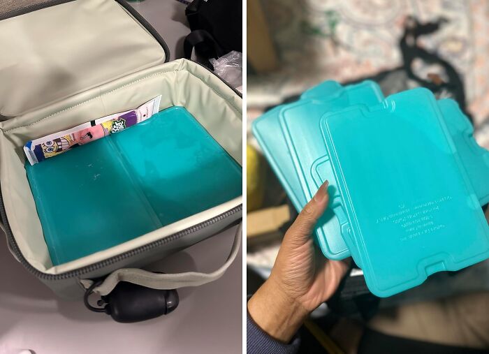 Blue reusable ice packs inside a cooler bag and being held in hand for camping hacks in the great outdoors.