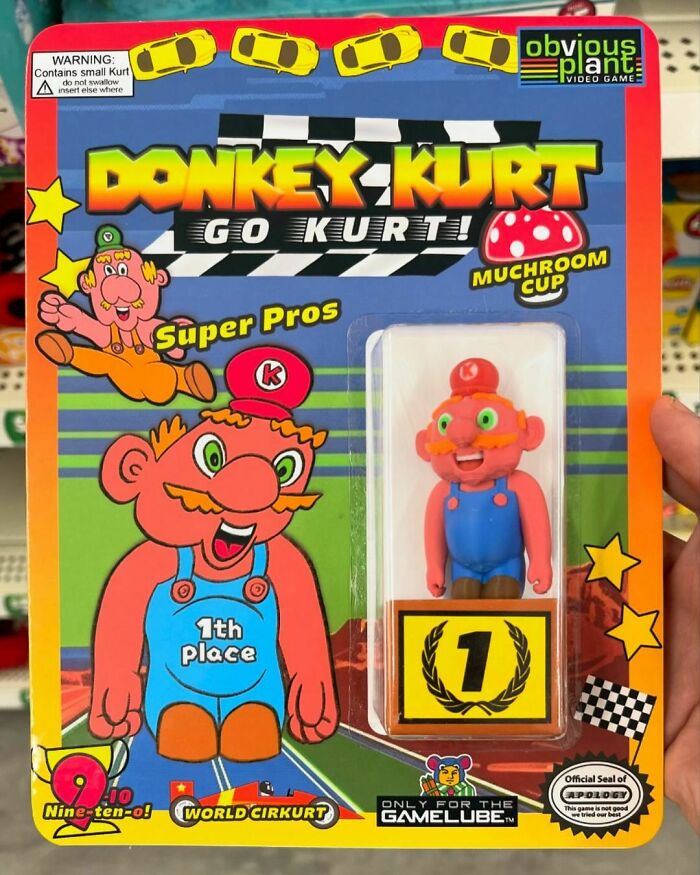 Funny fake product "Donkey Kurt" toy in store by Obvious Plant, featuring a parody character in bright packaging.