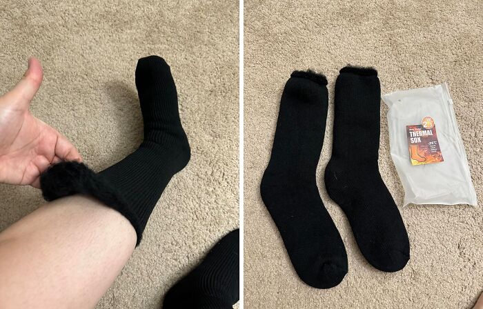 Black thermal socks shown on a leg and laid flat next to a heat pack, illustrating camping hacks for the great outdoors.