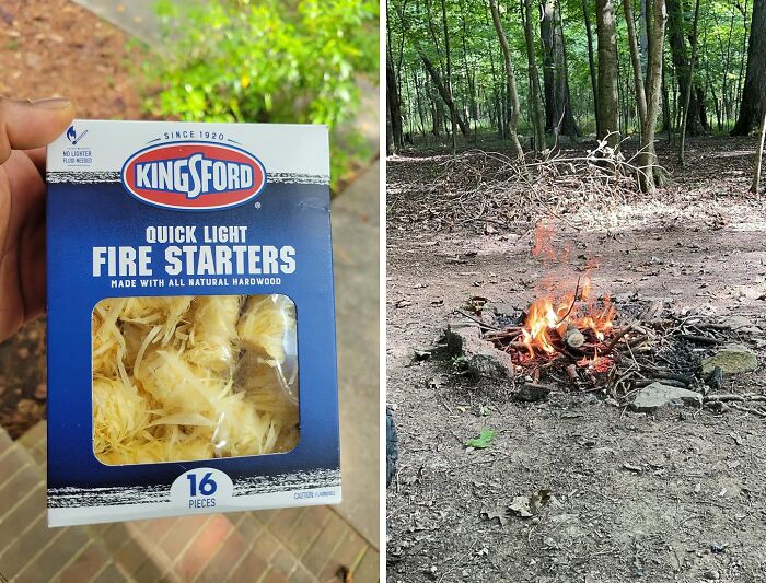 Hand holding Kingsford fire starters next to a small campfire in a wooded area showing camping hacks for the outdoors.
