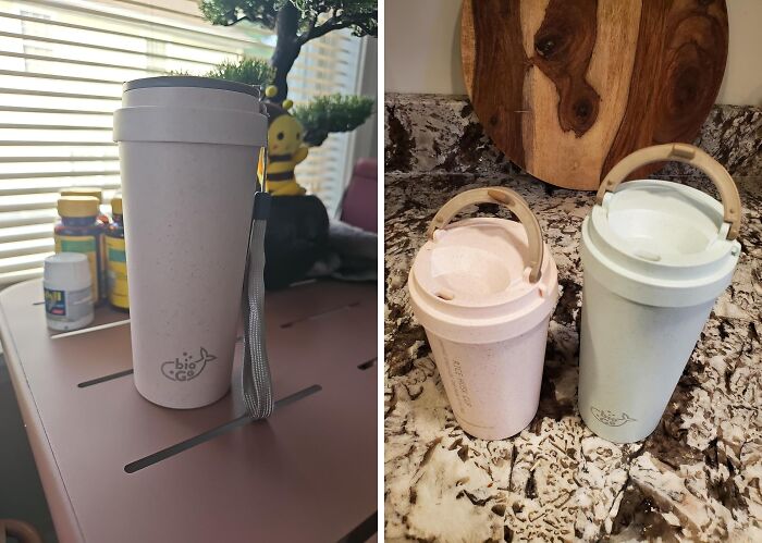 Reusable eco-friendly cups with lids and handles, perfect camping hacks for staying hydrated outdoors.