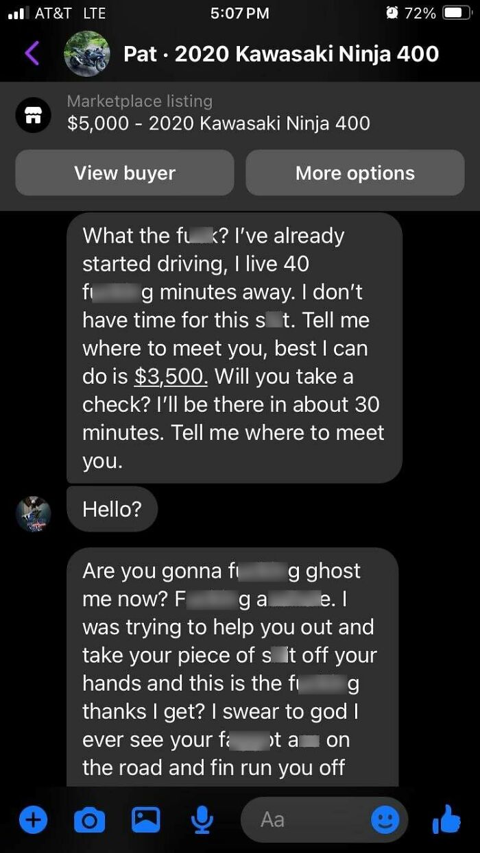 Text exchange showing an example of beggars being choosers over a used Kawasaki Ninja 400 listing.