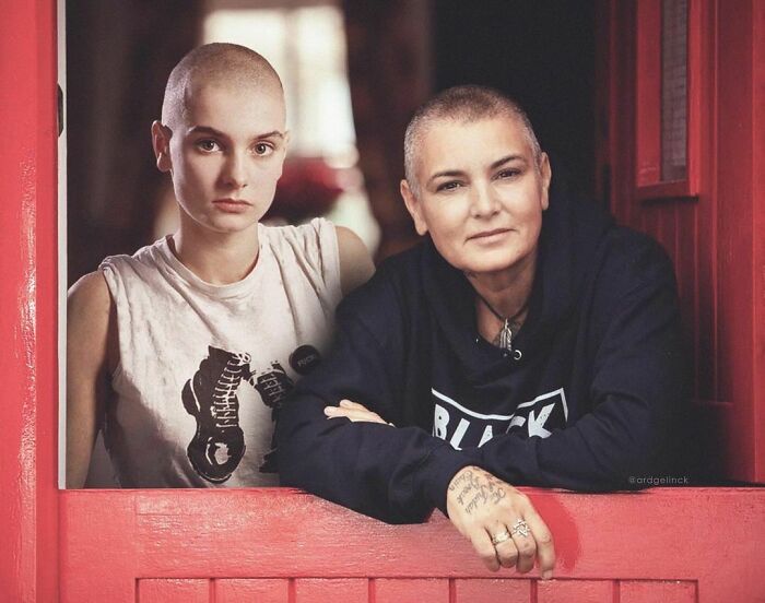 Celebrities photoshopped side-by-side, one in a sleeveless shirt, the other in a black hoodie, showing the passage of time.