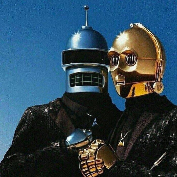 Two robots in suits posing against a blue sky, merging iconic character designs with a modern twist.