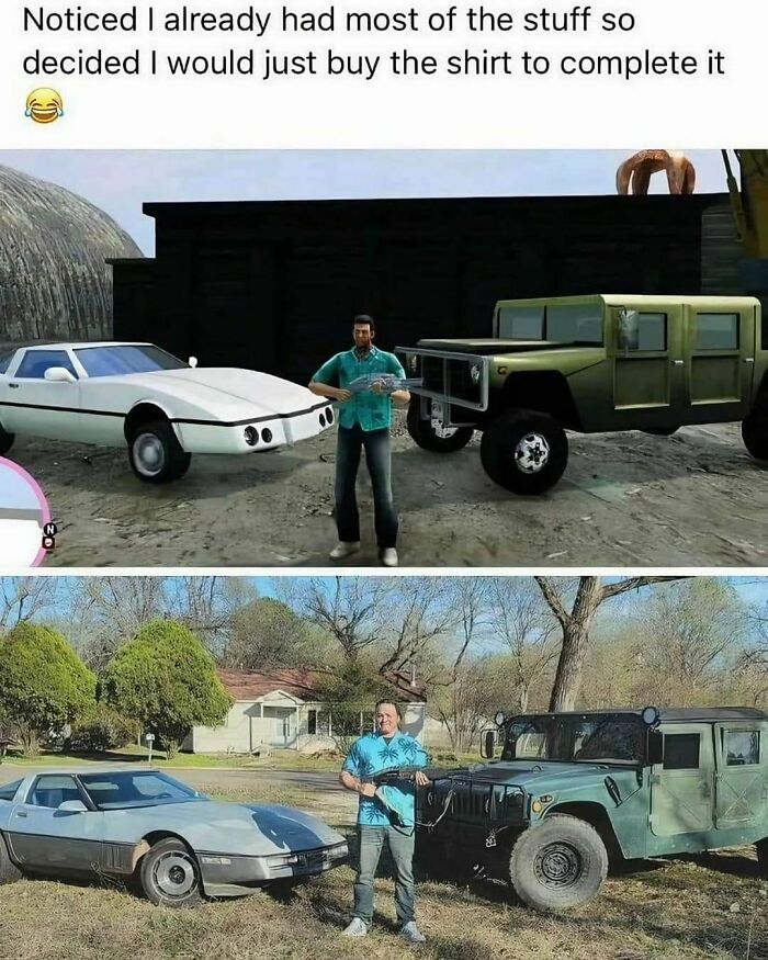 Man in blue Hawaiian shirt matching his in-game setup with cars and a shed; "Pics That Go Hard" style comparison.