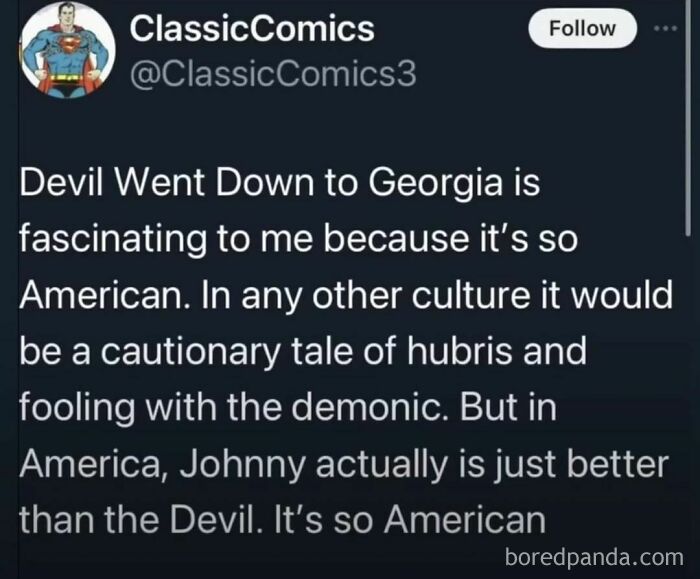 Tweet about the song "Devil Went Down to Georgia" highlighting its American cultural perspective; features humor.