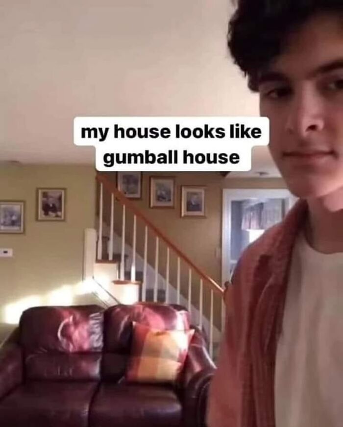 Person in living room with caption "my house looks like gumball house" in a funny post that goes hard.
