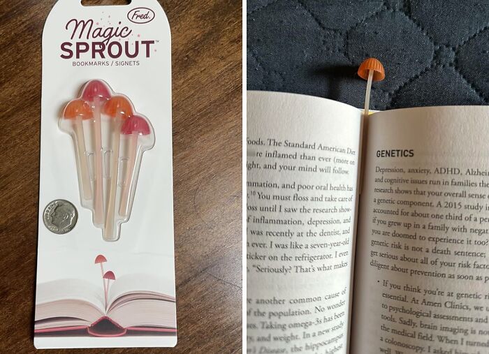 Magic sprout bookmarks in packaging and in use between book pages on a table.