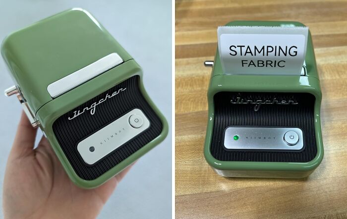 Green stamping machine on a wooden table, perfect for office efficiency.