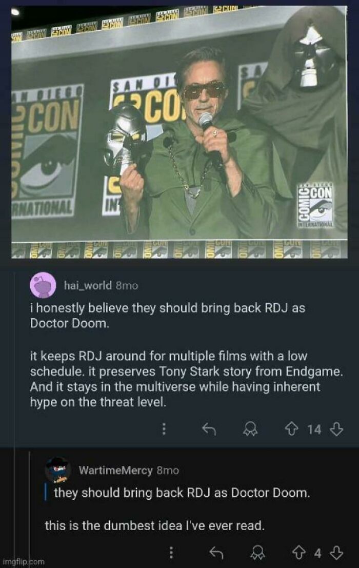 Comic-Con panelist dressed as Doctor Doom, holding a mask, highlighting predictions aged like wine.